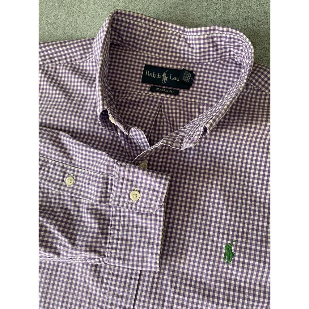 Polo Ralph Lauren Shirt Size‎ XL Men's Purple Check Classic Fit Green Pony LS
